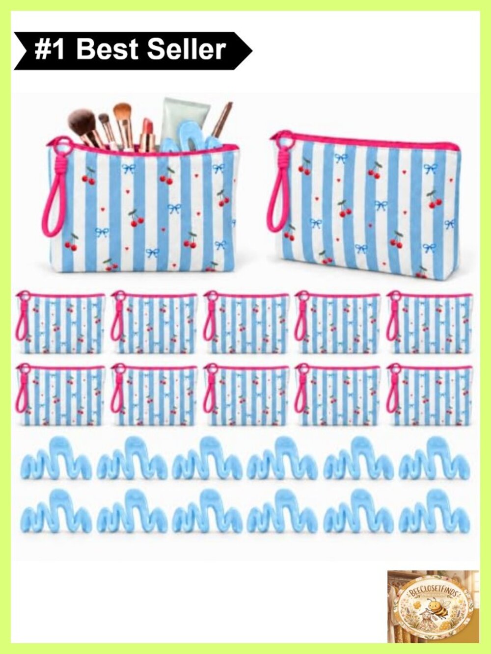12 Pack Canvas Makeup Bags with Hair Clips & Keychains Gift Set